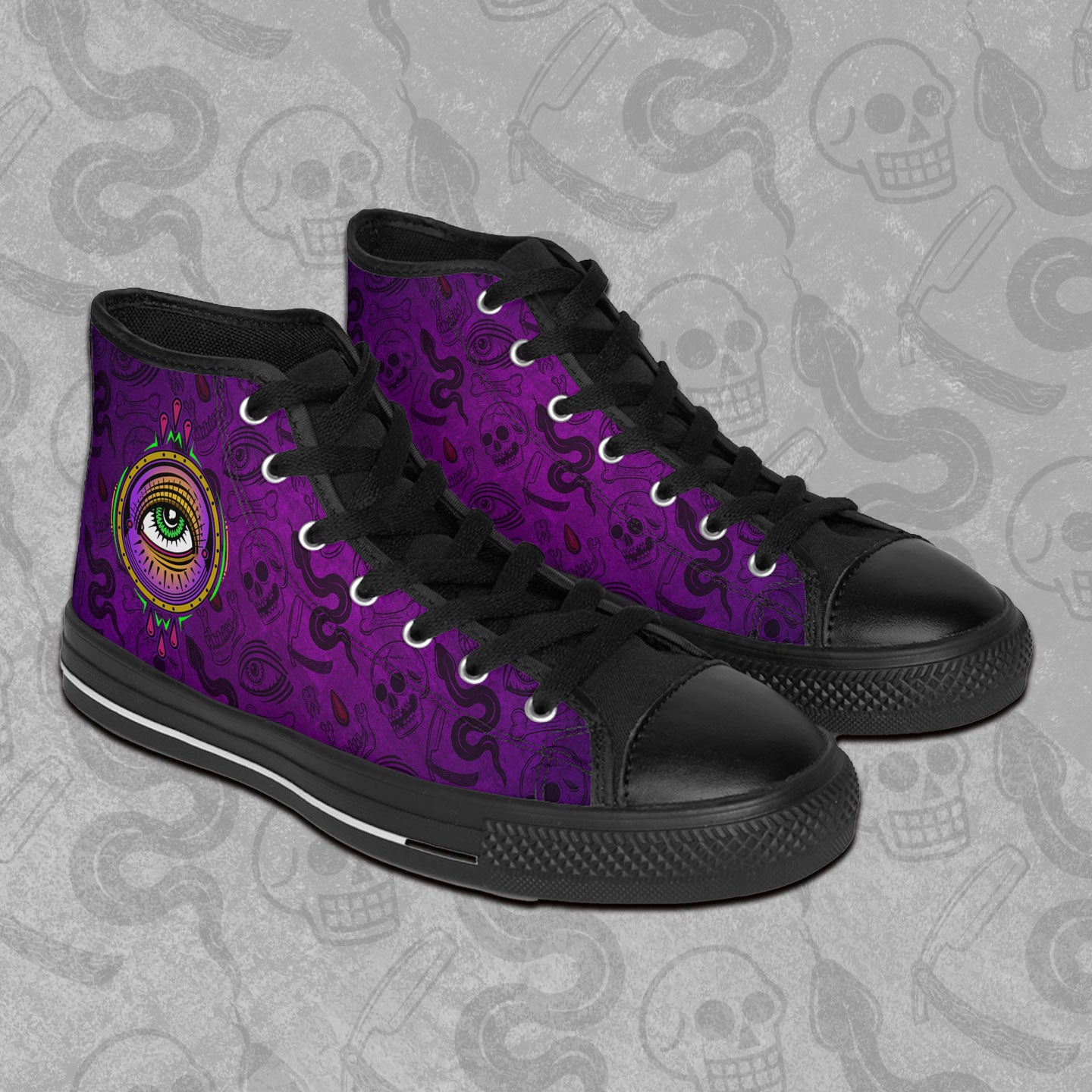 All Seeing Eye design printed on the outside panel of rubber toed, high-top sneakers. Purple and black Blood Hex pattern all over print background.