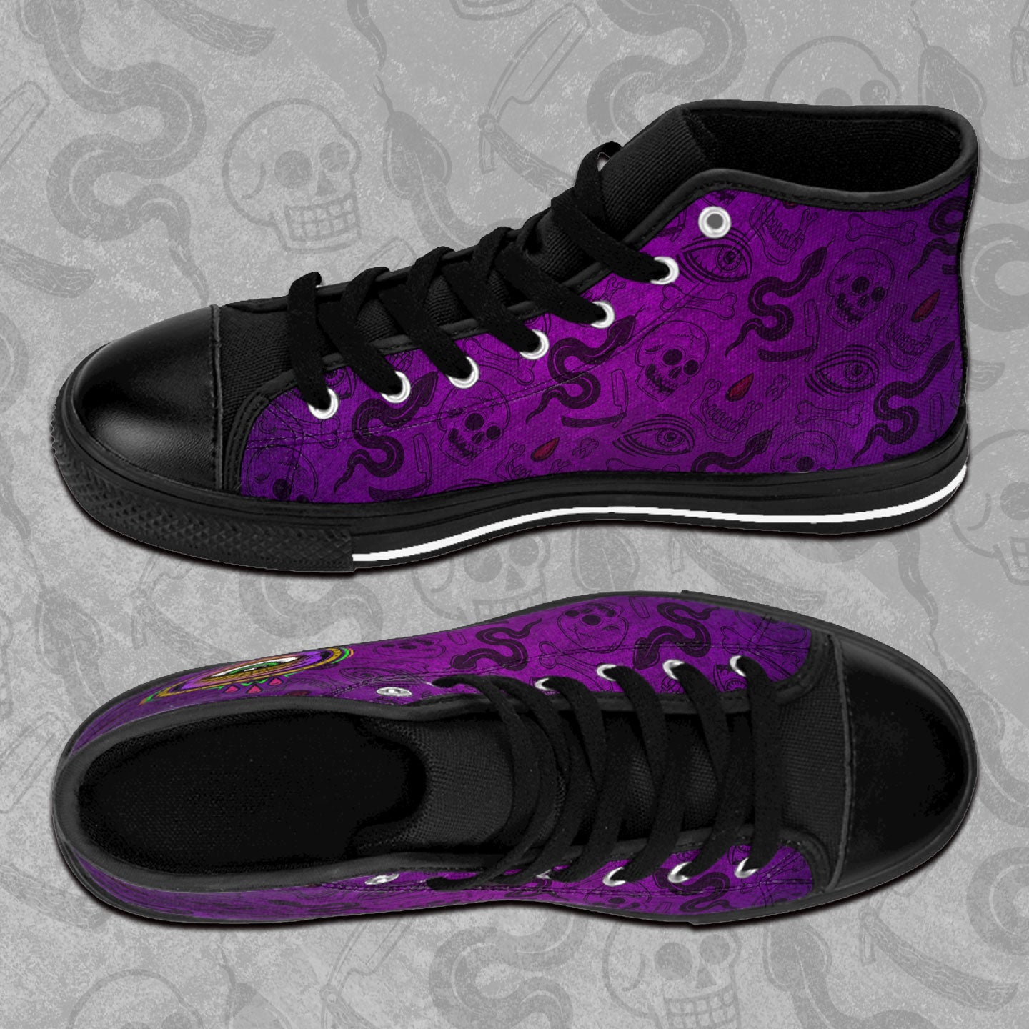 All Seeing Eye design printed on the outside panel of rubber toed, high-top sneakers. Purple and black Blood Hex pattern all over print background.