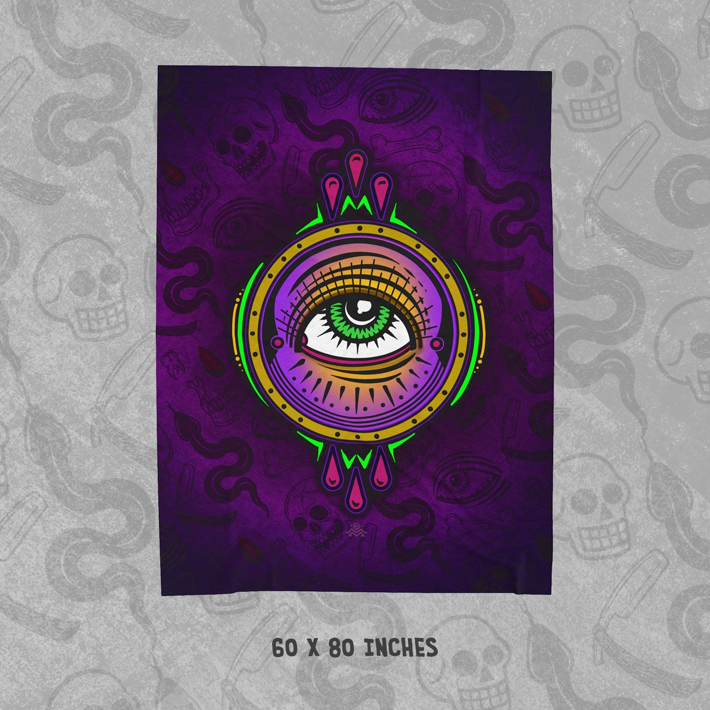 All Seeing Eye design with a purple patterned background on a 60 x 80 inch velveteen blanket.