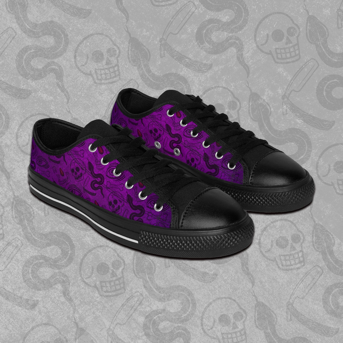 Blood Hex design in purple and black all over print pattern on rubber toed, low-top sneakers.