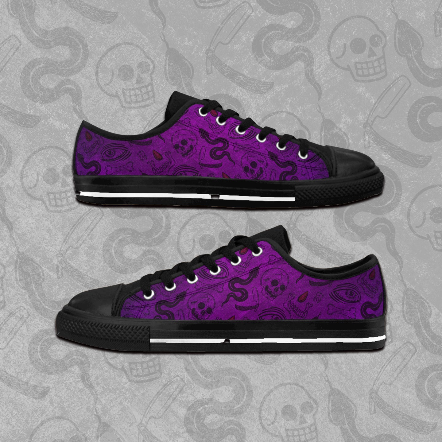 Blood Hex design in purple and black all over print pattern on rubber toed, low-top sneakers.