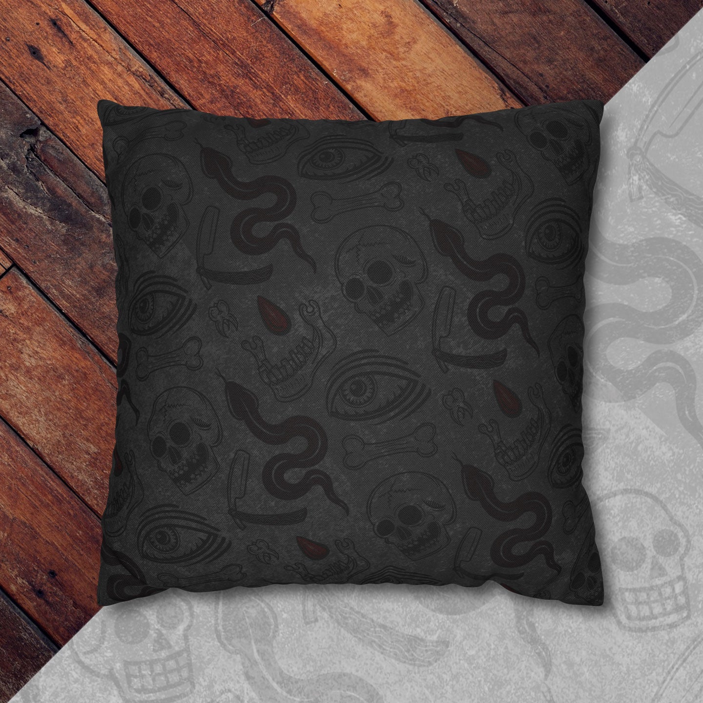 Pillow with Blood Hex design printed on zippered cover.