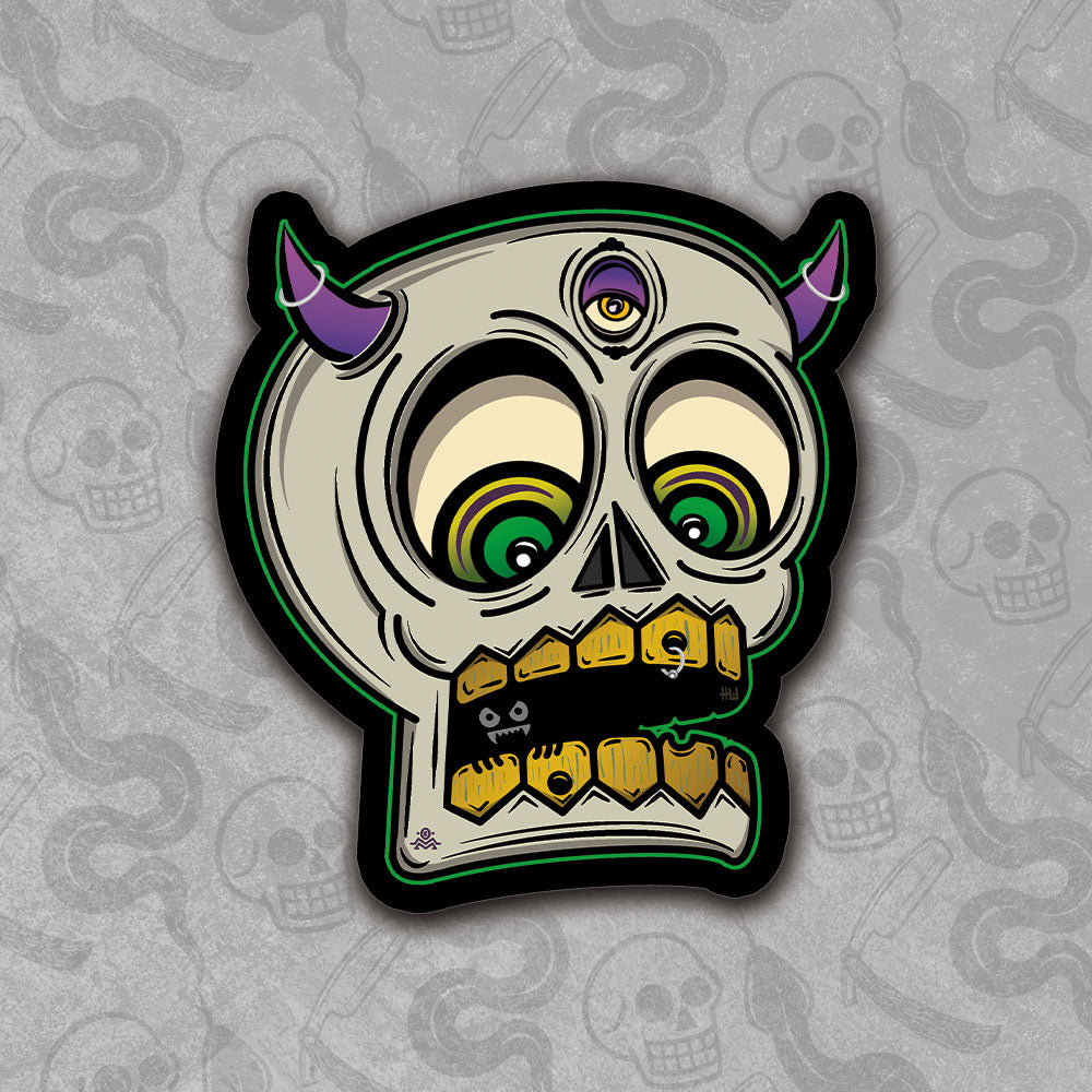 Die-cut Demon Skull sticker design with vibrant colors.