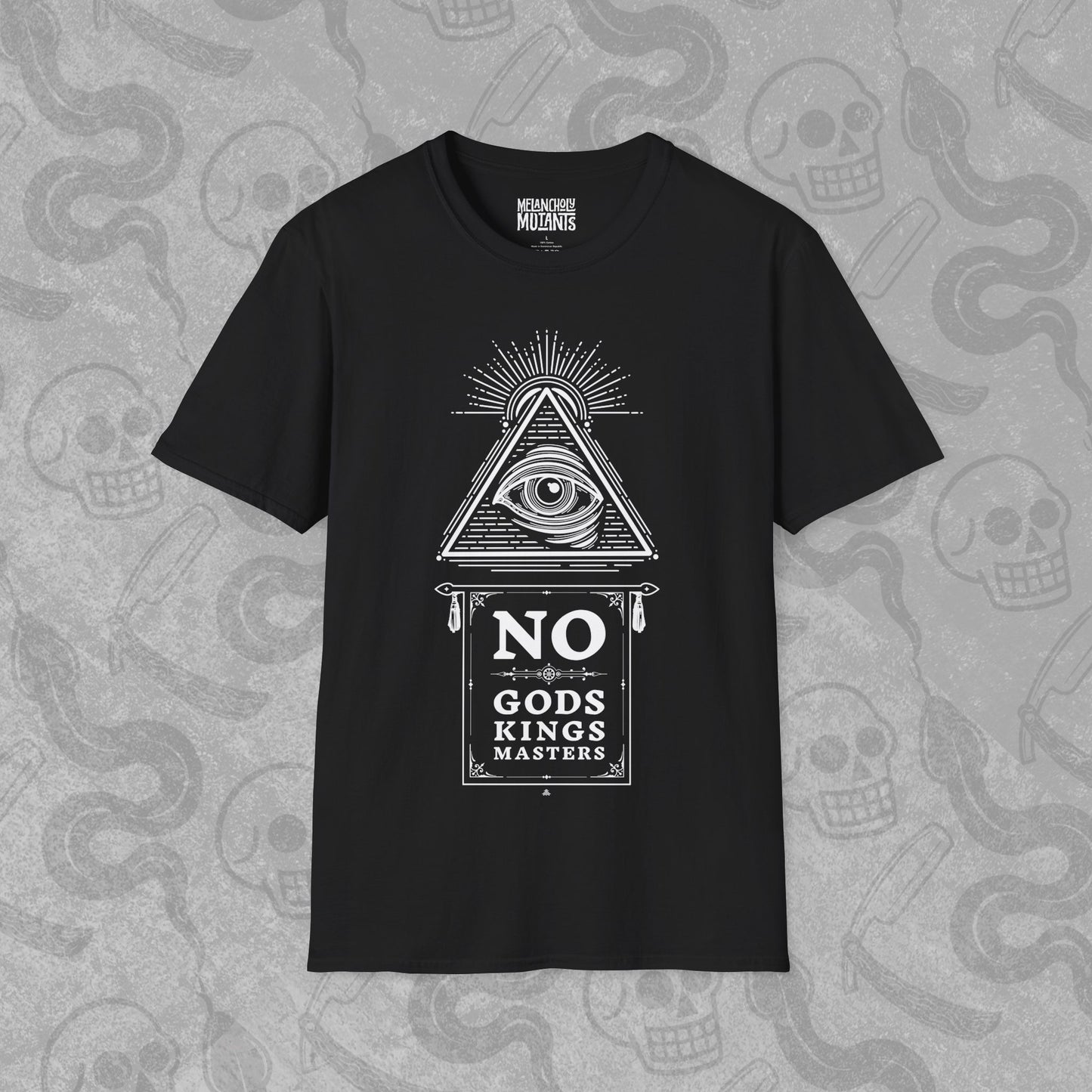 No Gods, Kings, Masters design printed on the front of a black t-shirt with white print.
