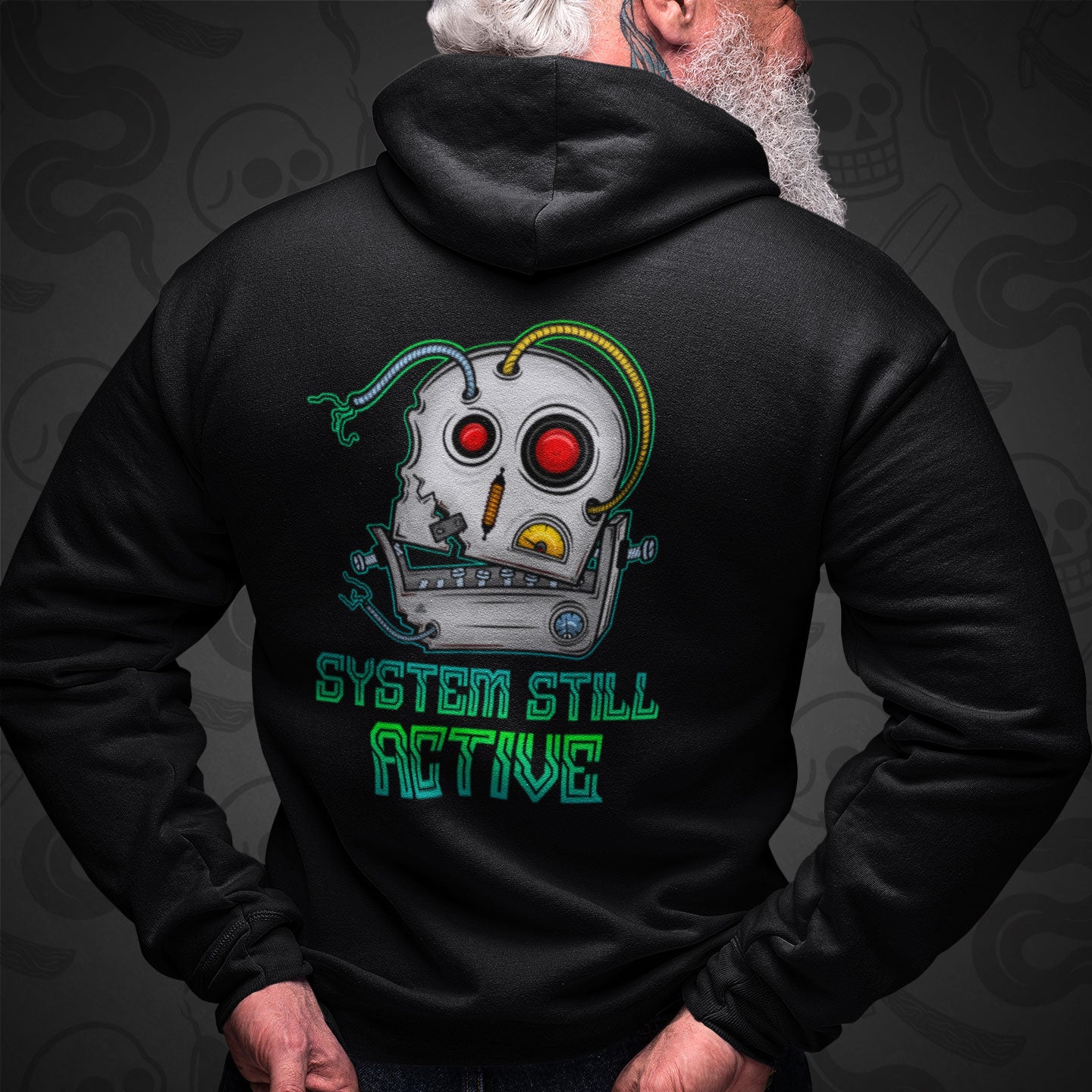 Cropped image of a Model wearing a black zippered hoodie with System Still Active design printed on the back with vibrant colors.