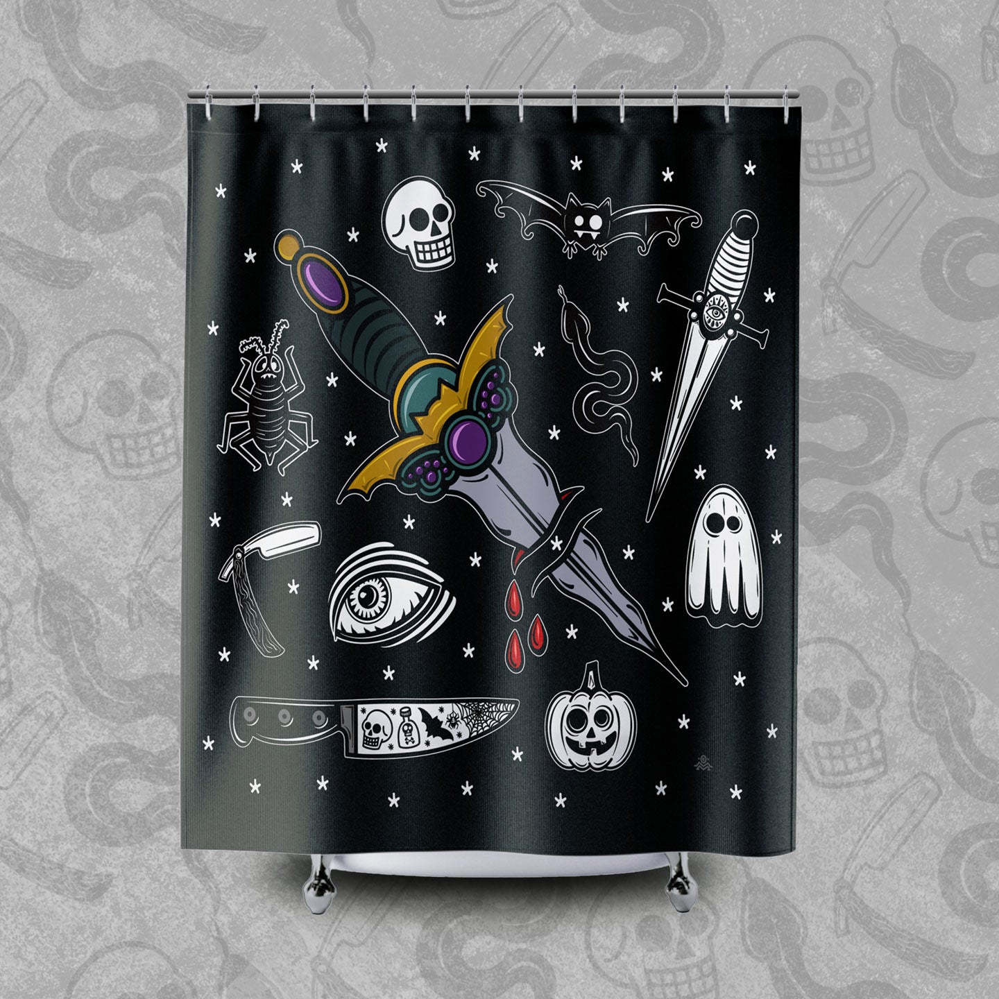 The Ritual design printed on a black shower curtain.