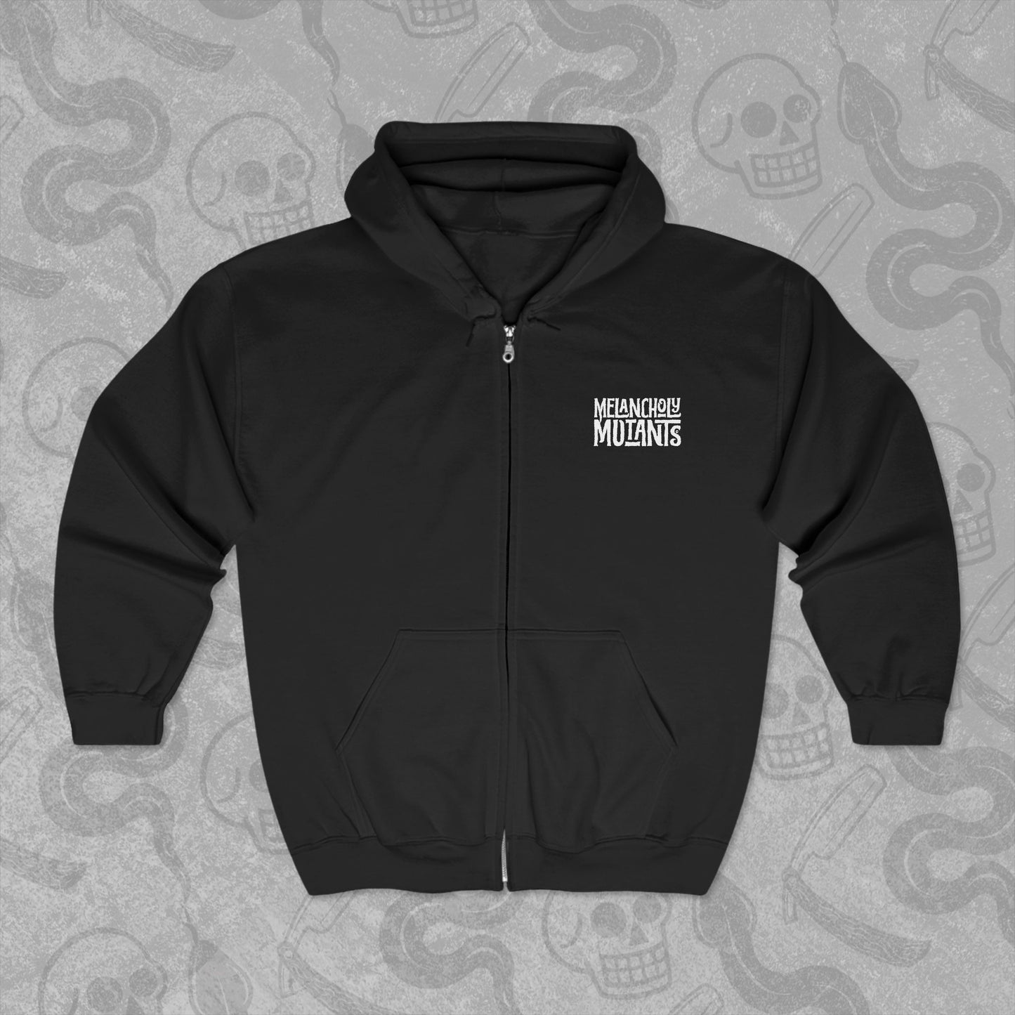 Black zip up hooded sweatshirt front with logo featured on left top chest.