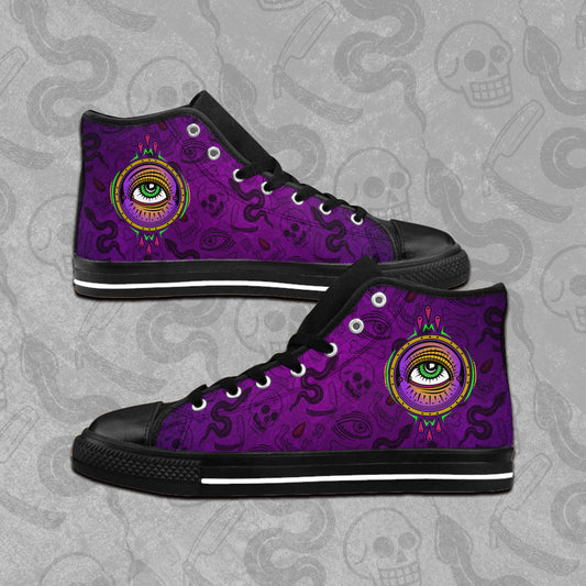 All Seeing Eye design printed on the outside panel of rubber toed, high-top sneakers. Purple and black Blood Hex pattern all over print background. 