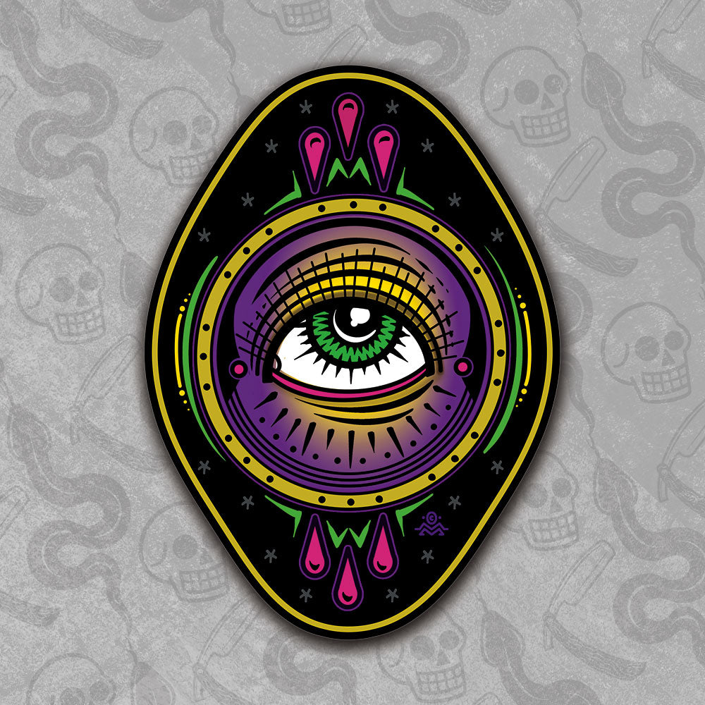 Die-cut All Seeing Eye sticker design with vibrant colors.