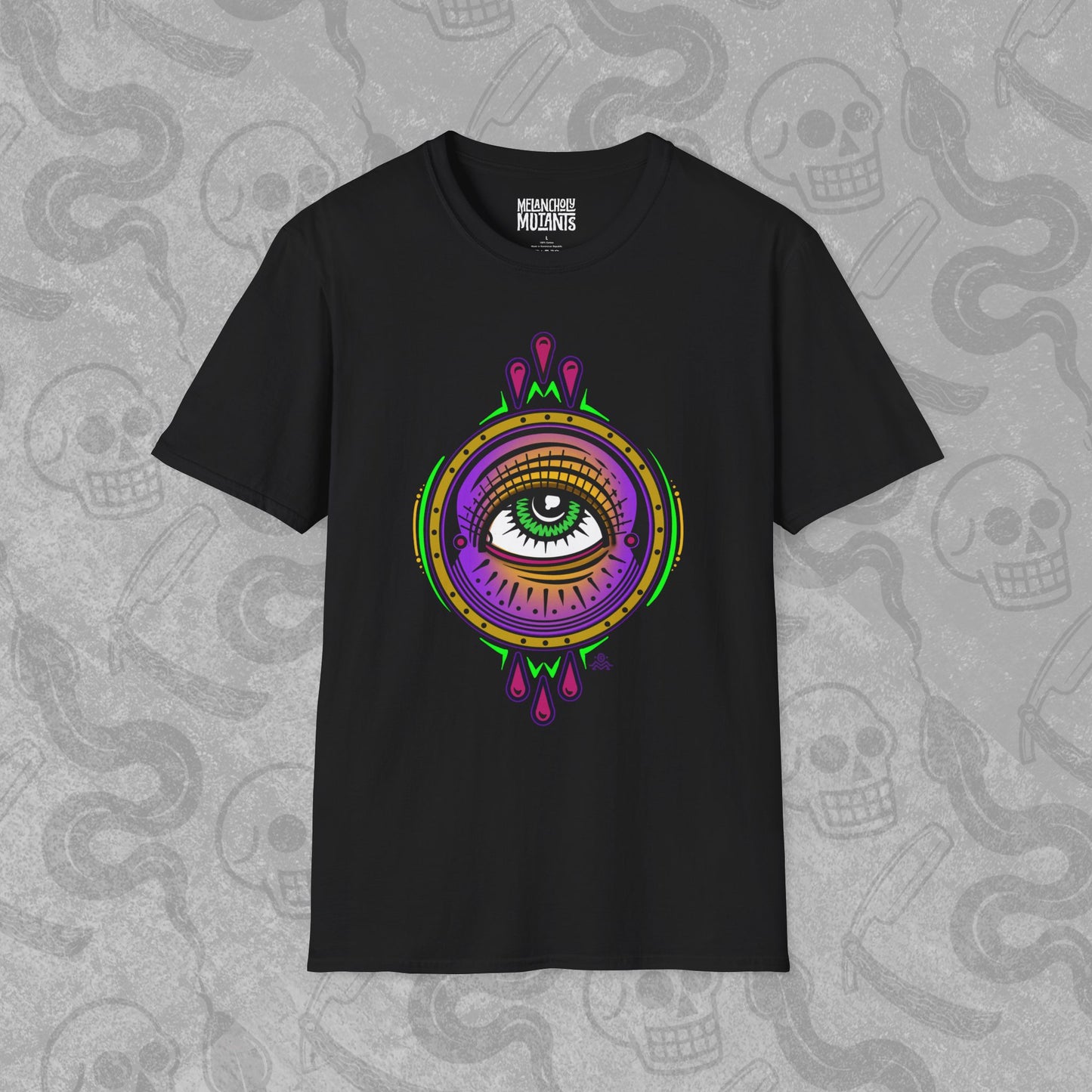 All Seeing Eye design printed on the front of a black t-shirt with vibrant colors.