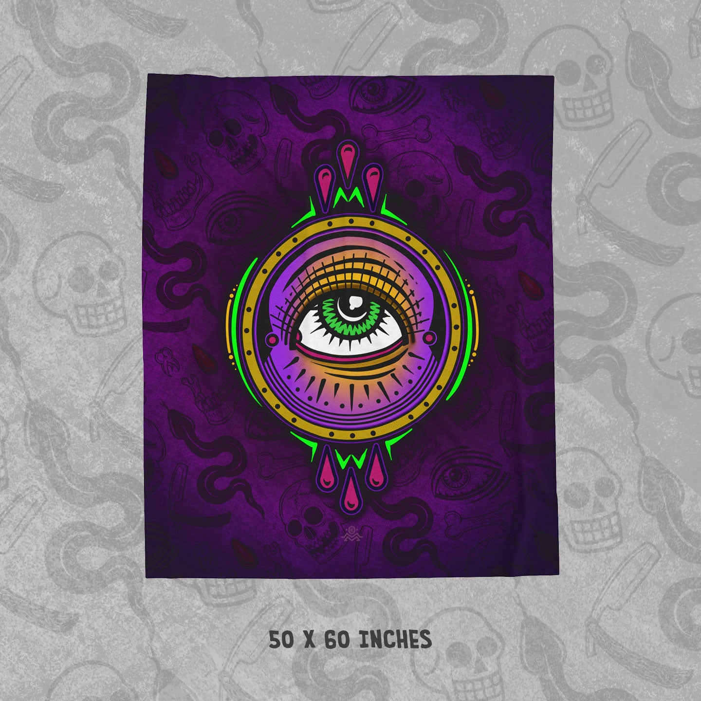 All Seeing Eye design with a purple patterned background on a 50 x 60 inch velveteen blanket.