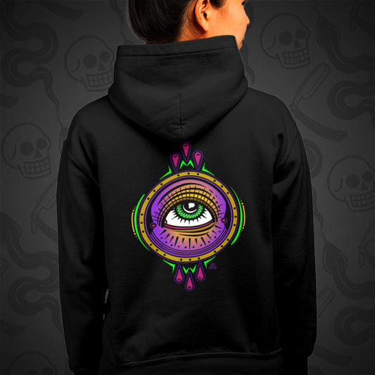 Cropped image of a Model wearing a black zippered hoodie with All Seeing Eye design printed on the back with vibrant colors.