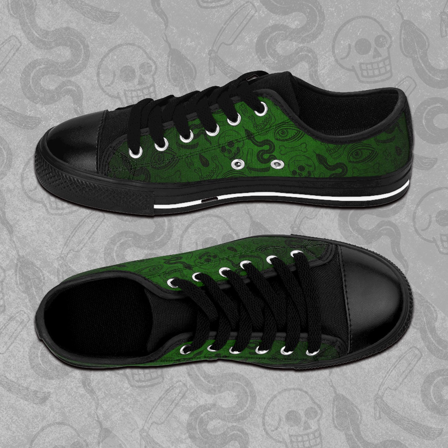 Blood Hex design in green and black all over print pattern on rubber toed, low-top sneakers. 