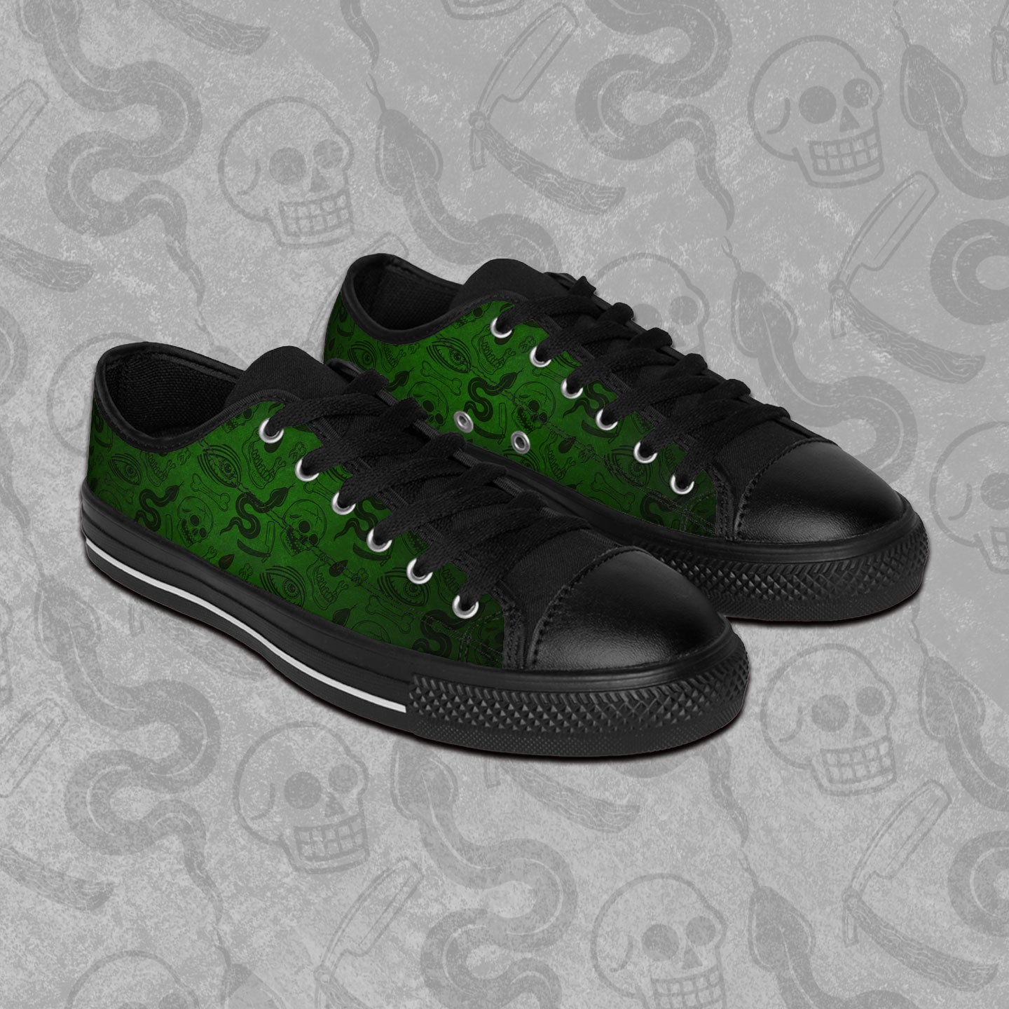 Blood Hex design in green and black all over print pattern on rubber toed, low-top sneakers. 