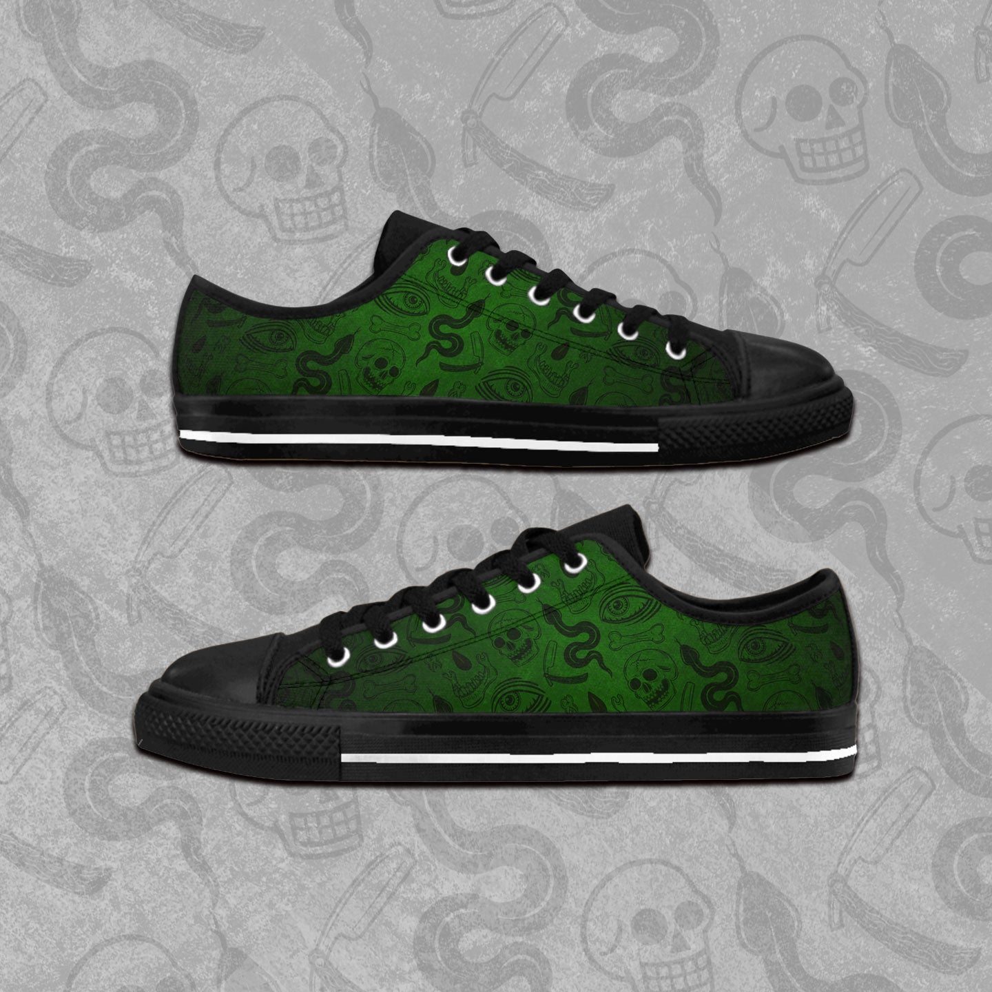 Blood Hex design in green and black all over print pattern on rubber toed, low-top sneakers. 