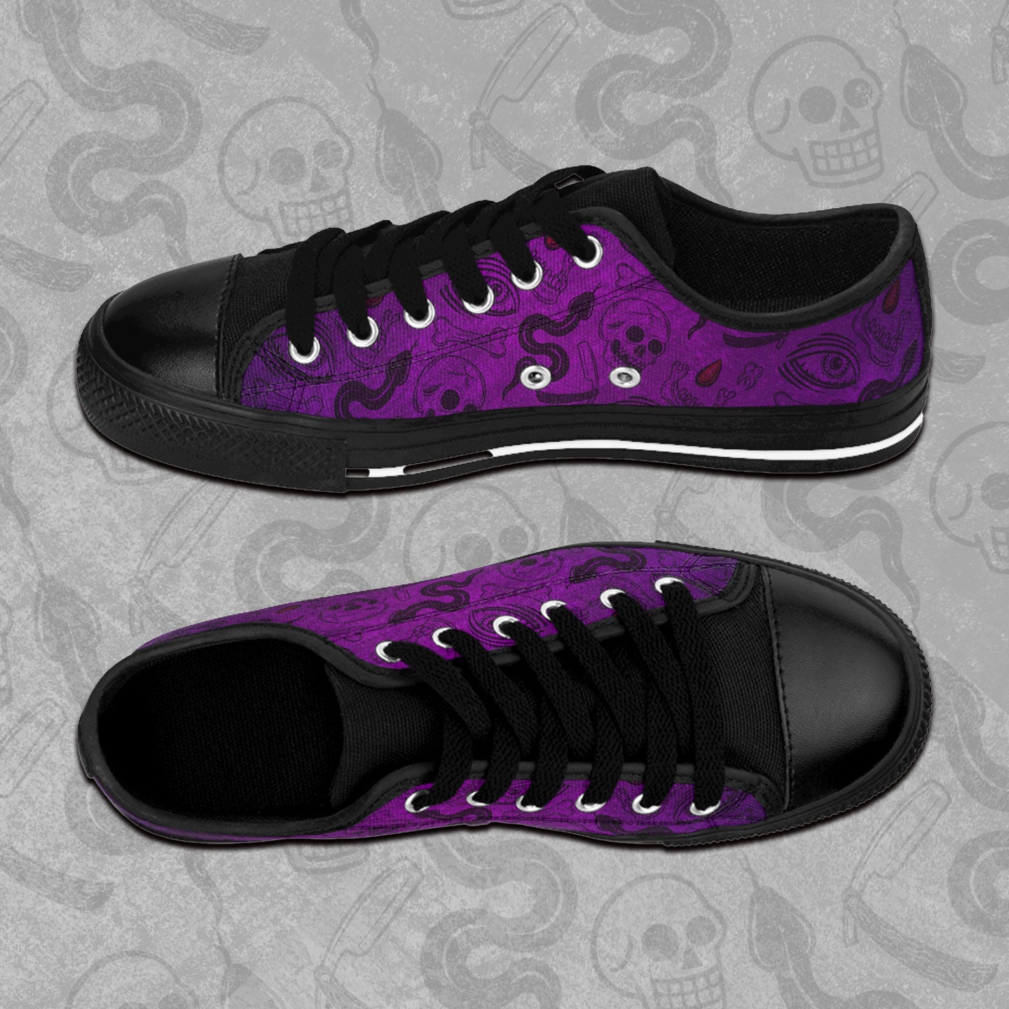 Blood Hex design in purple and black all over print pattern on rubber toed, low-top sneakers. 