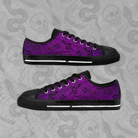 Blood Hex design in purple and black all over print pattern on rubber toed, low-top sneakers. 