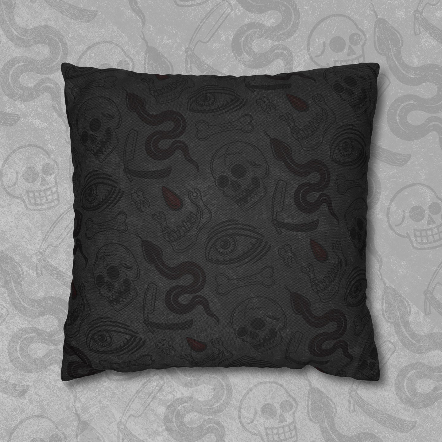 Pillow with Blood Hex design printed on zippered cover. 