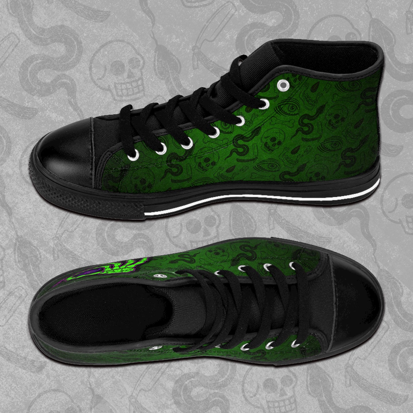 Caught Lookin' design printed on the outside panel of rubber toed, high-top sneakers. Green and black Blood Hex pattern all over print background. 