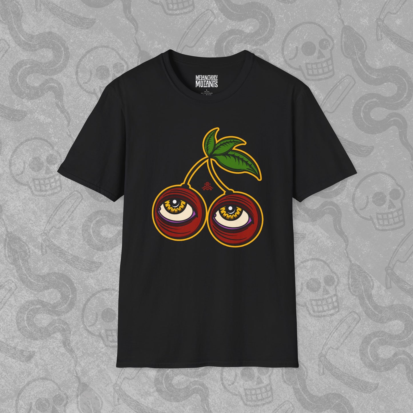 Cherry Cherry design printed on the front of a black t-shirt with vibrant colors.