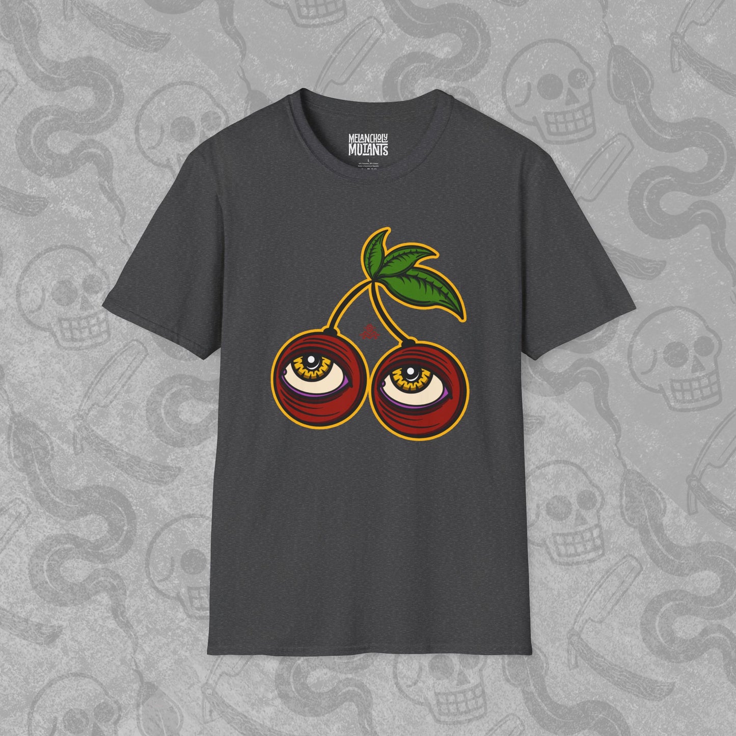 Cherry Cherry design printed on the front of a dark Heather gray t-shirt with vibrant colors.