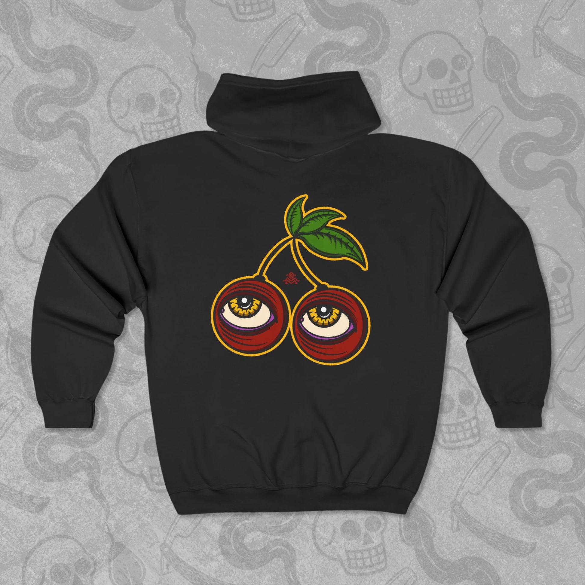 Cherry Cherry design printed on the back of a black zippered hoodie with vibrant colors.