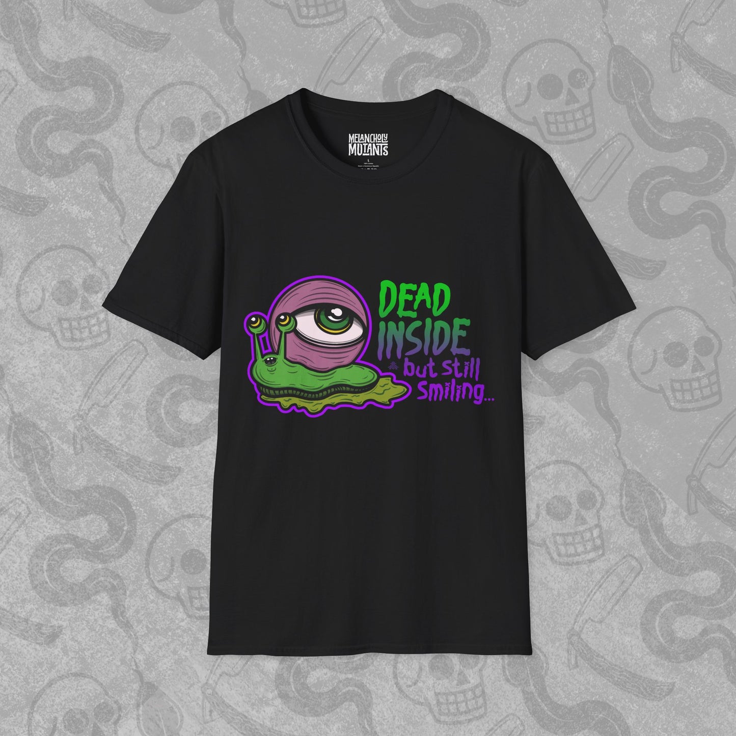 Dead Inside But Still Smiling design printed on the front of a black t-shirt with vibrant colors.