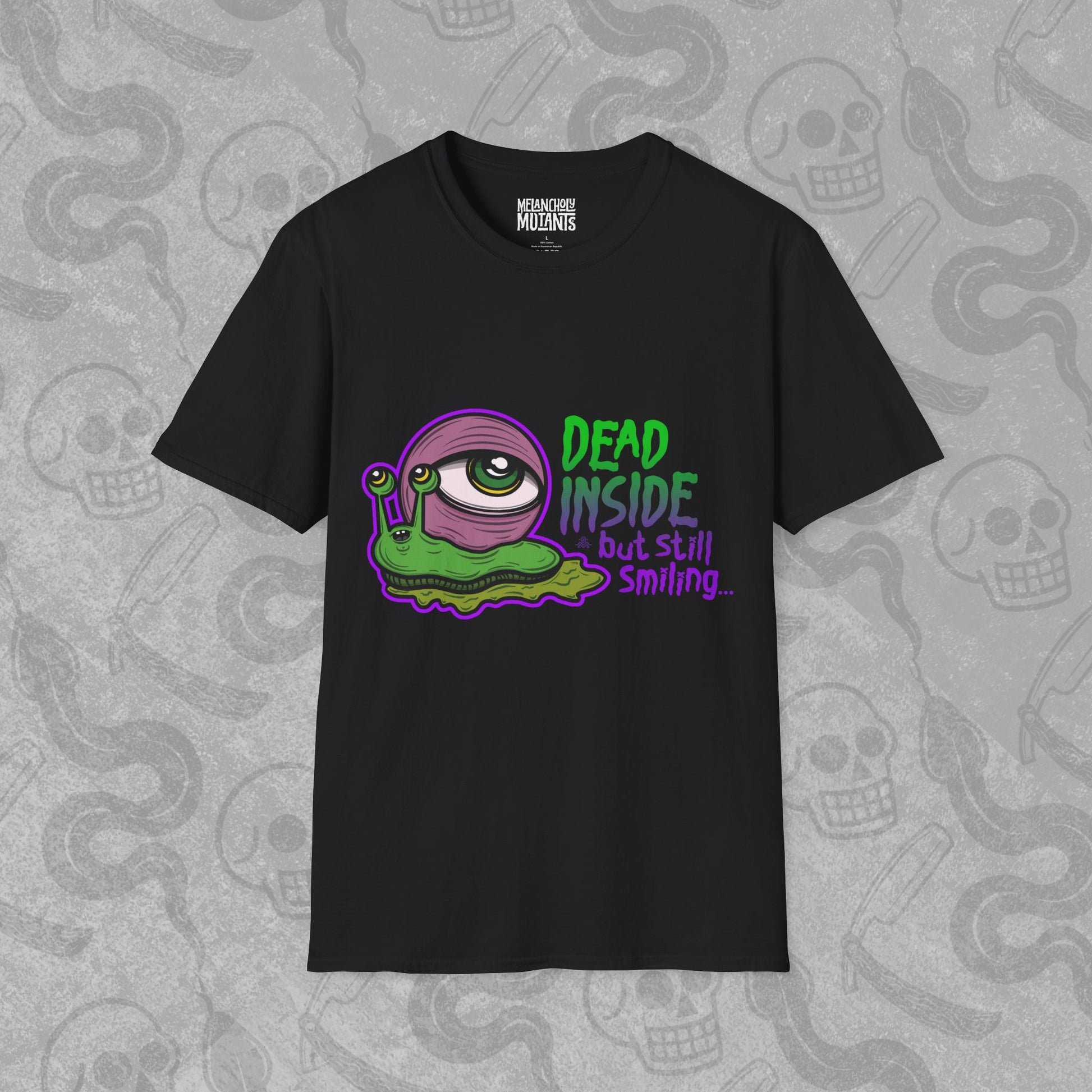 Dead Inside But Still Smiling design printed on the front of a black t-shirt with vibrant colors.