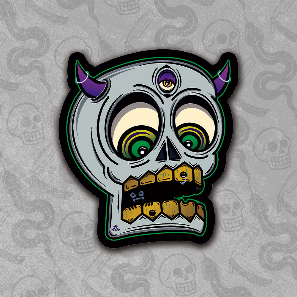 Die-cut Demon Skull sticker design with vibrant colors.