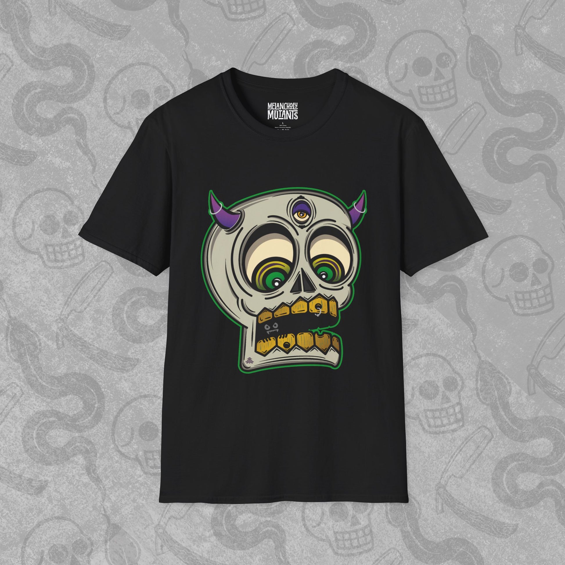 Demon Skull design printed on the front of a black t-shirt with vibrant colors.