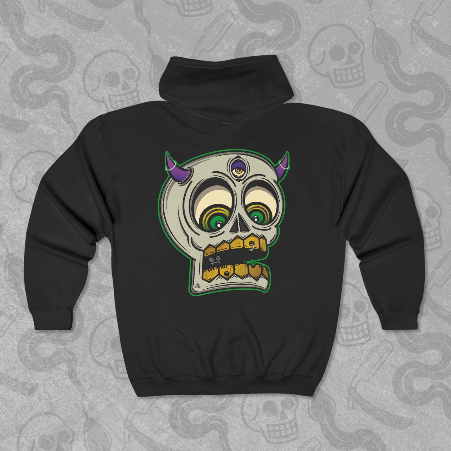 Demon Skull design printed on the back of a black zippered hoodie with vibrant colors.