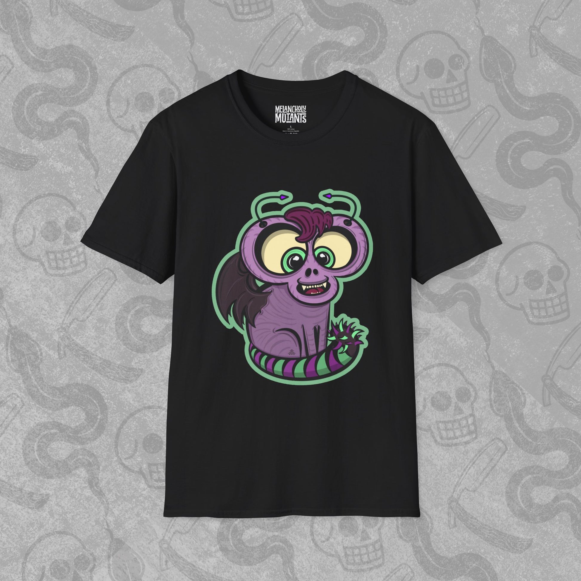 Kim Cat design printed on the front of a black t-shirt with vibrant colors.