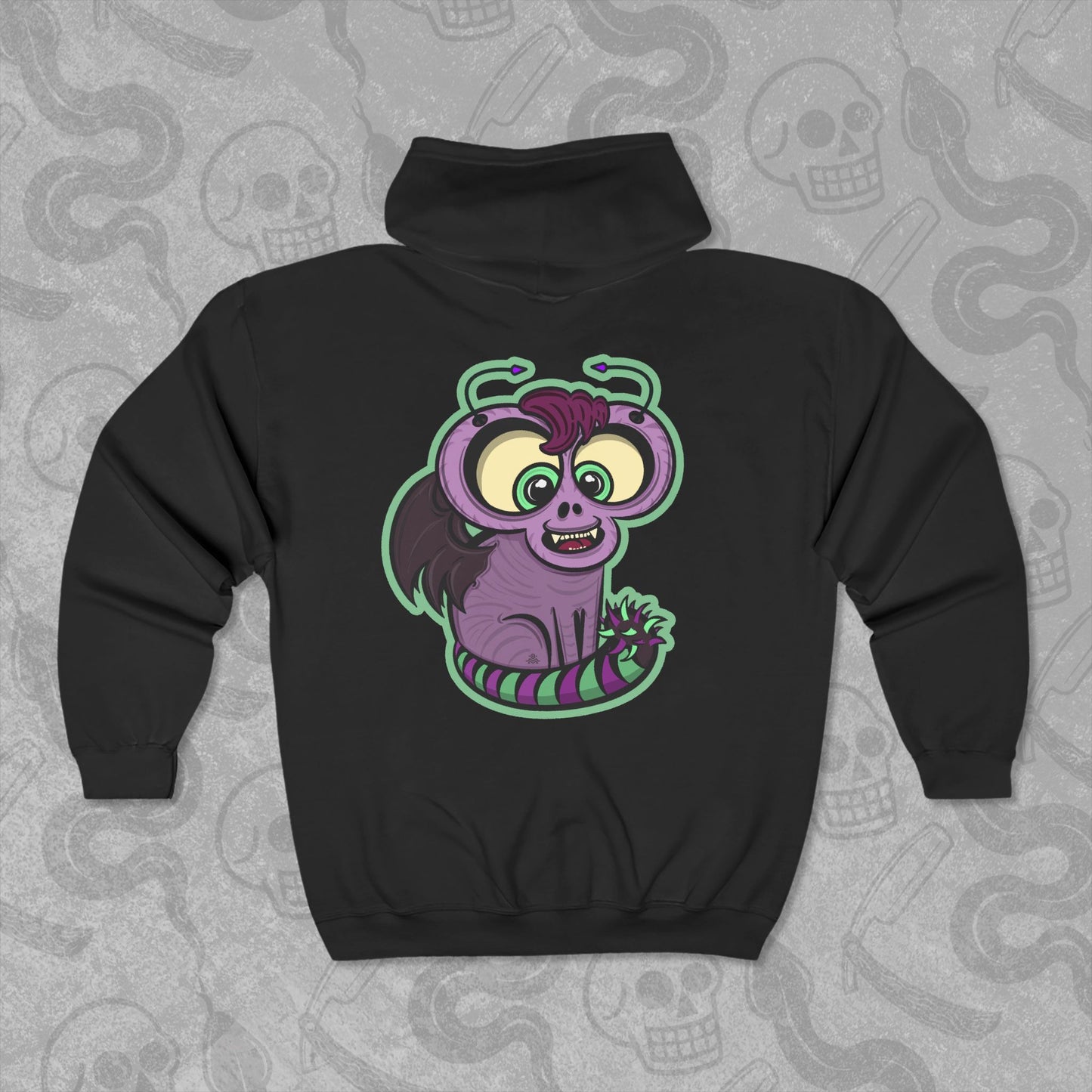 Kim Cat design printed on the back of a black zippered hoodie with vibrant colors.