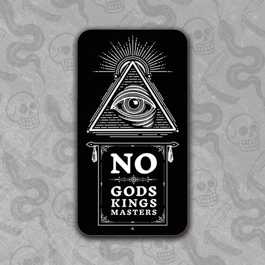 Die-cut No Gods, Kings, Masters sticker design with white colors.