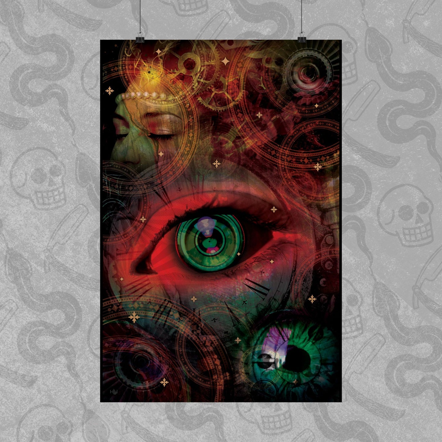 Poster design with a running theme of eyes and mechanical gears in vibrant colors, mostly blue, red, and gold. 