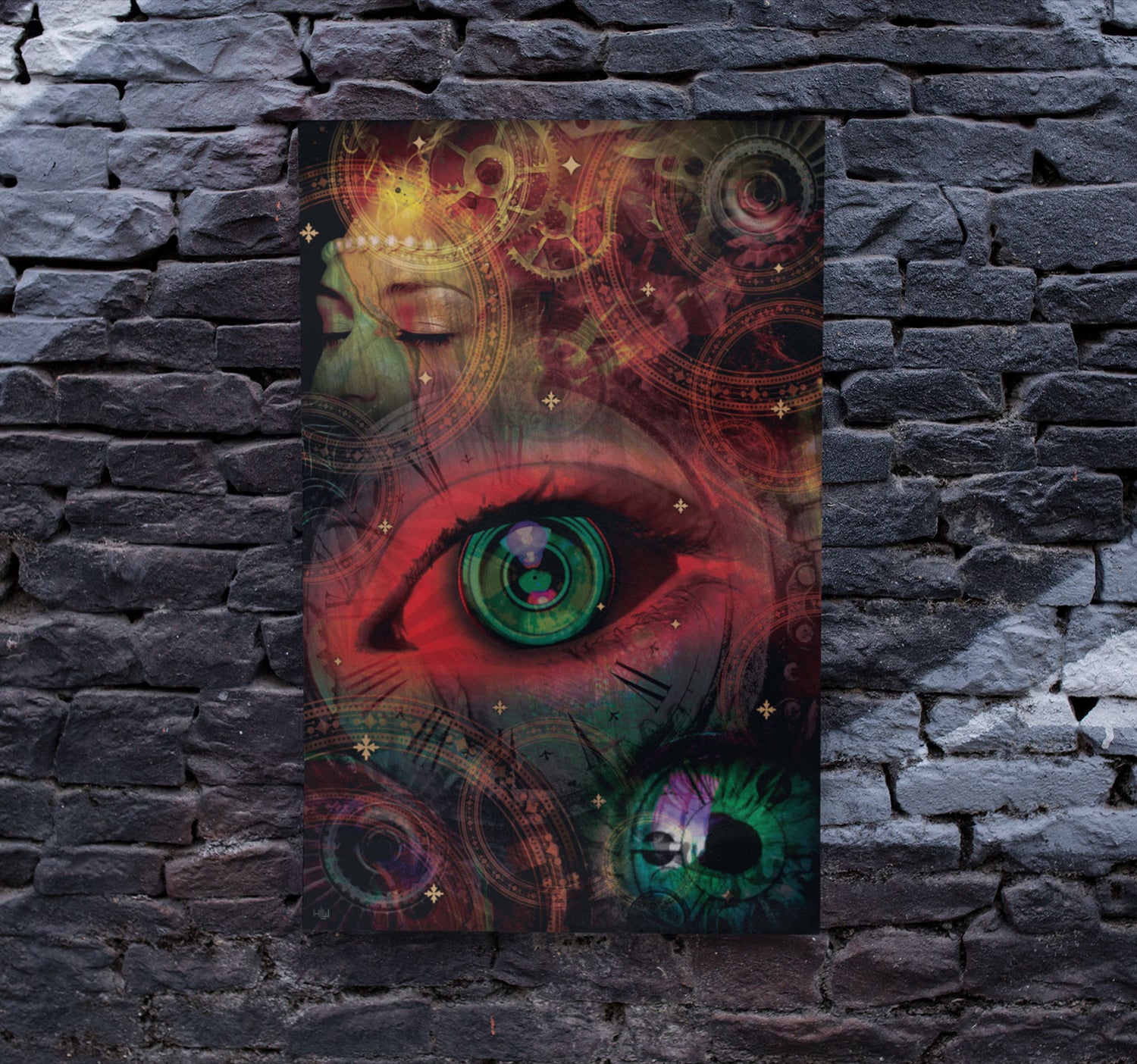 Poster design on a brick backdrop with a running theme of eyes and mechanical gears in vibrant colors, mostly blue, red, and gold. 