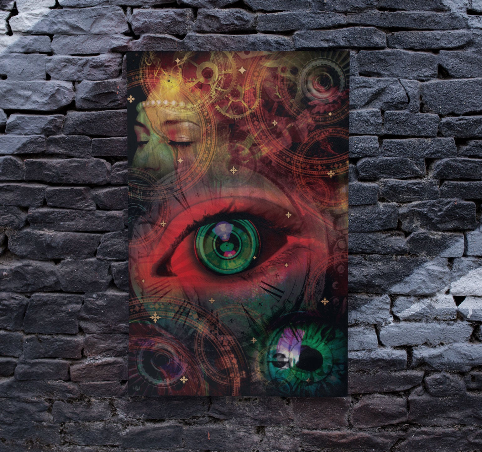 Poster design on a brick backdrop with a running theme of eyes and mechanical gears in vibrant colors, mostly blue, red, and gold. 