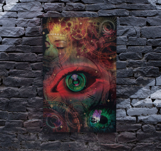 Poster design on a brick backdrop with a running theme of eyes and mechanical gears in vibrant colors, mostly blue, red, and gold. 