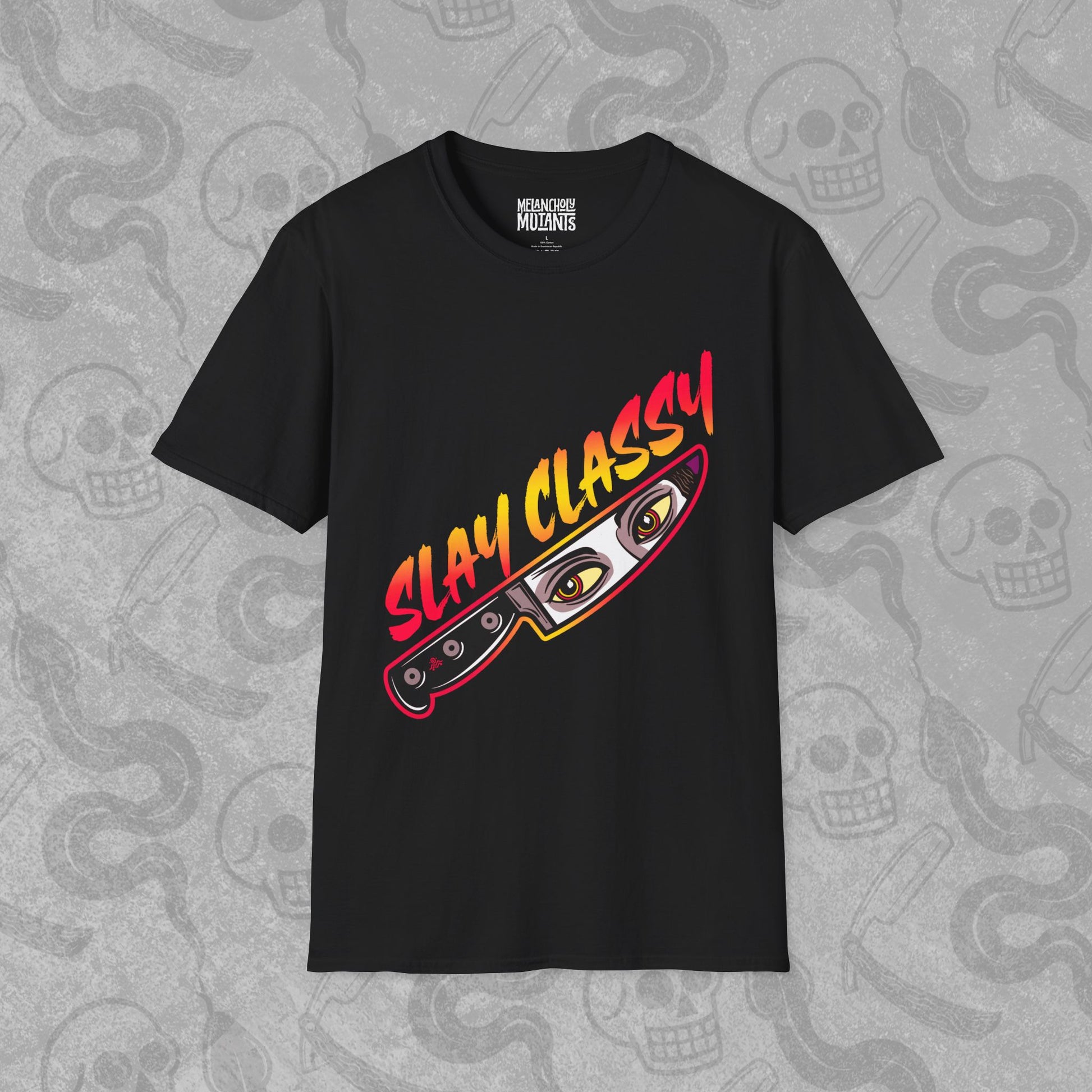 Slay Classier design printed on the front of a black t-shirt with vibrant colors.