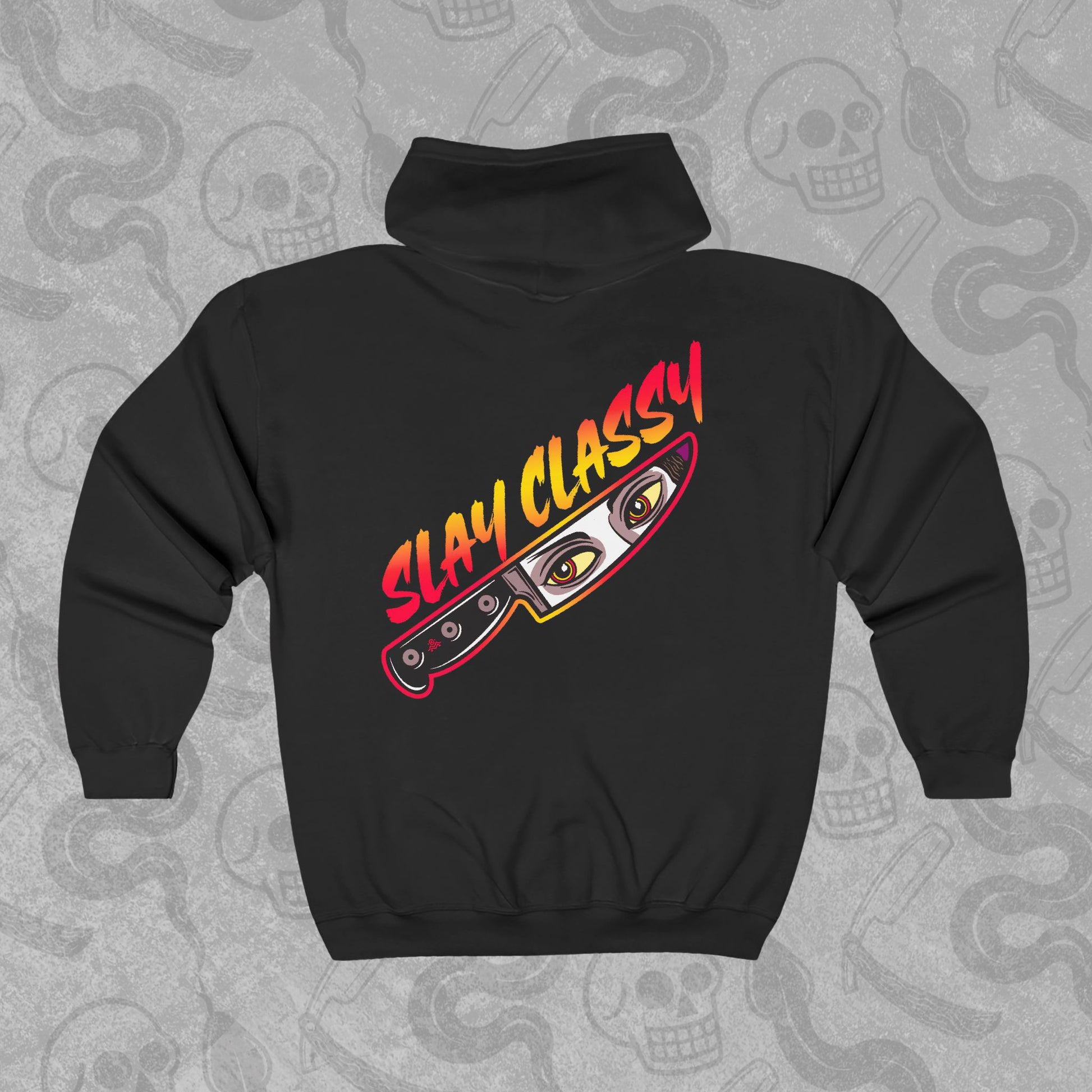 Slay Classy design printed on the back of a black zippered hoodie with vibrant colors.