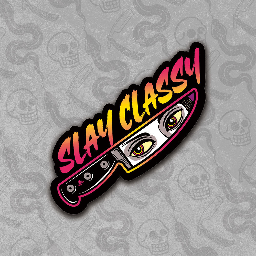 Die-cut Slay Classier sticker design with vibrant colors.