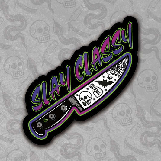 Die-cut Slay Classy sticker design with vibrant colors.