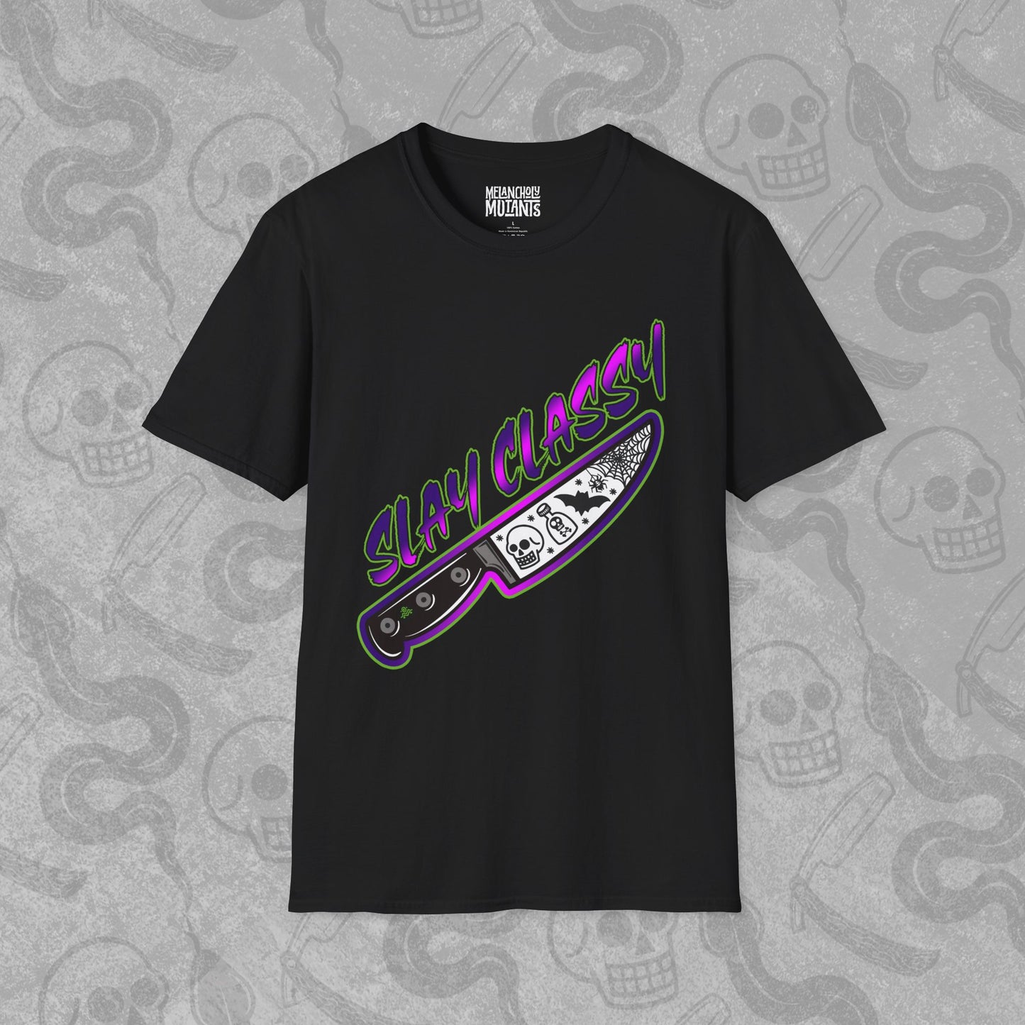 Slay Classy design printed on the front of a black t-shirt with vibrant colors.