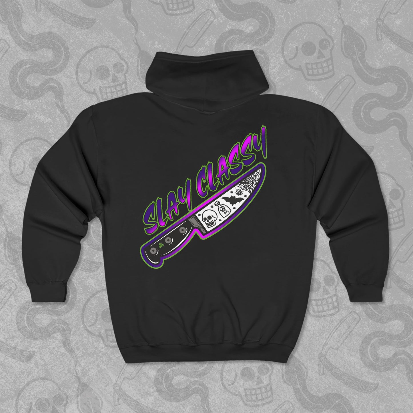 Slay Classy design printed on the back of a black zippered hoodie with vibrant colors.