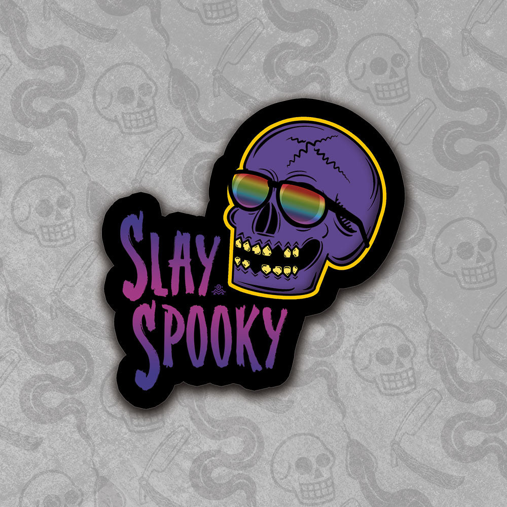 Die-cut Slay Spooky sticker design with vibrant colors.