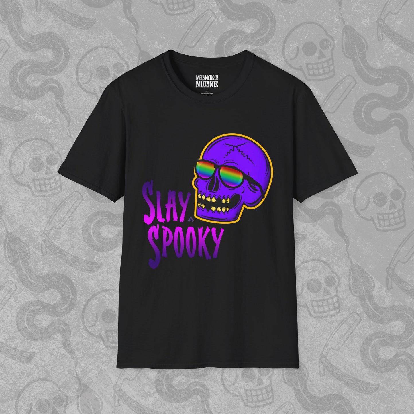 Slay Spooky design printed on the front of a black t-shirt with vibrant colors.