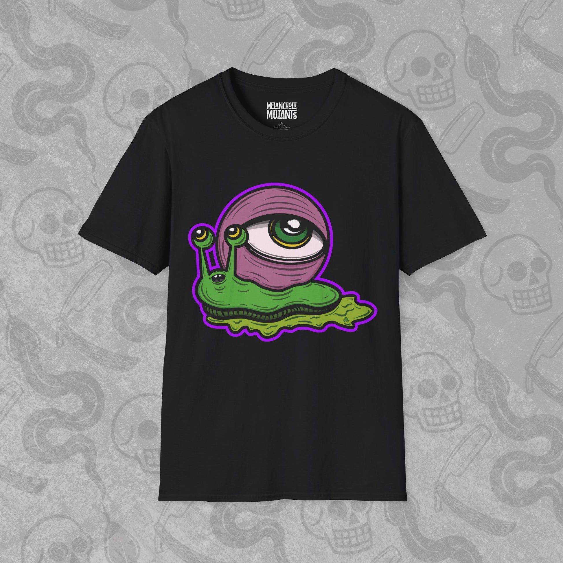 Snail Vision design printed on the front of a black t-shirt with vibrant colors.