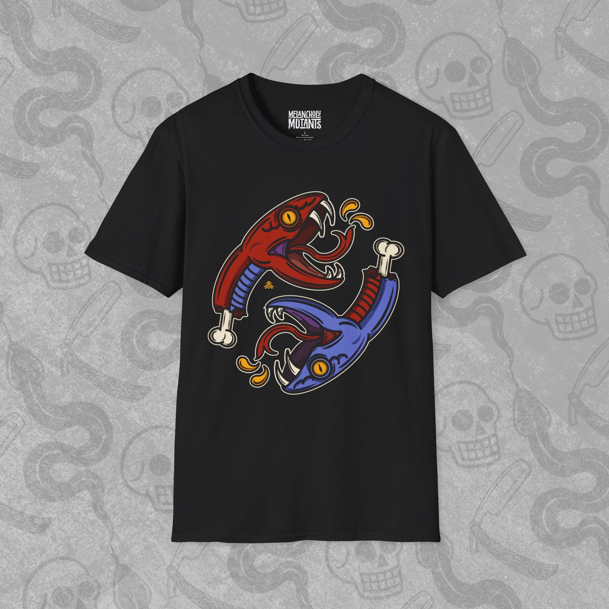 Snake Bite design printed on the front of a black t-shirt with vibrant colors.