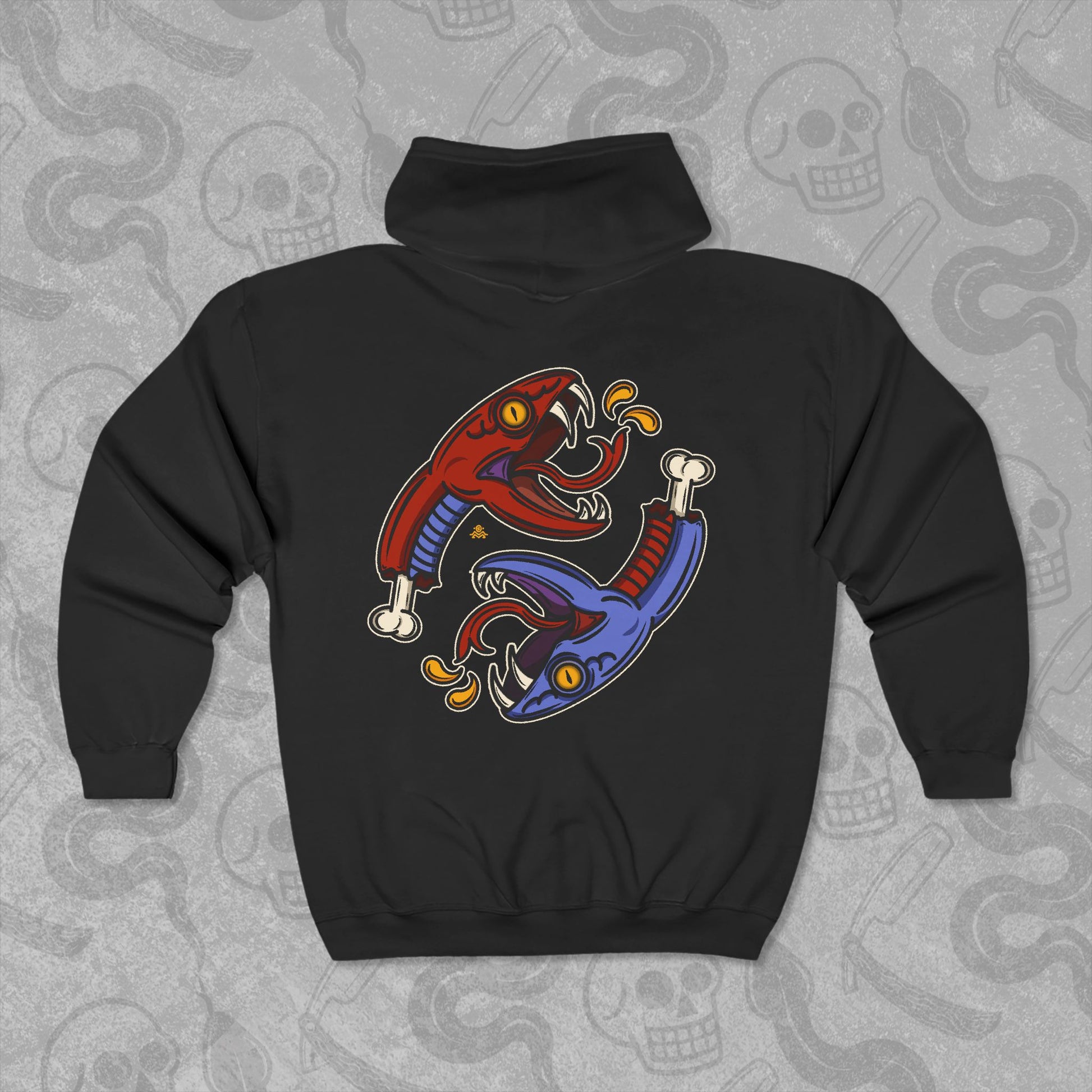 Snake Bite design printed on the back of a black zippered hoodie with vibrant colors.