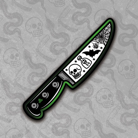 Die-cut Spooky Knife sticker design with vibrant colors.